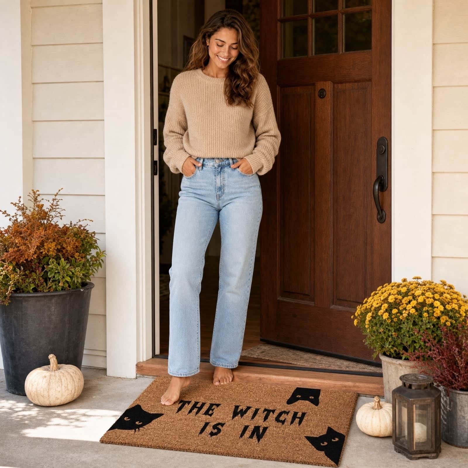 Halloween Doormat Vintage Retro Style Mat 23.6x15.7in Secure-Grip Absorbent Coir Look Entryway Rug for Front Porch Indoor Outdoor Decor by OVFUIZ