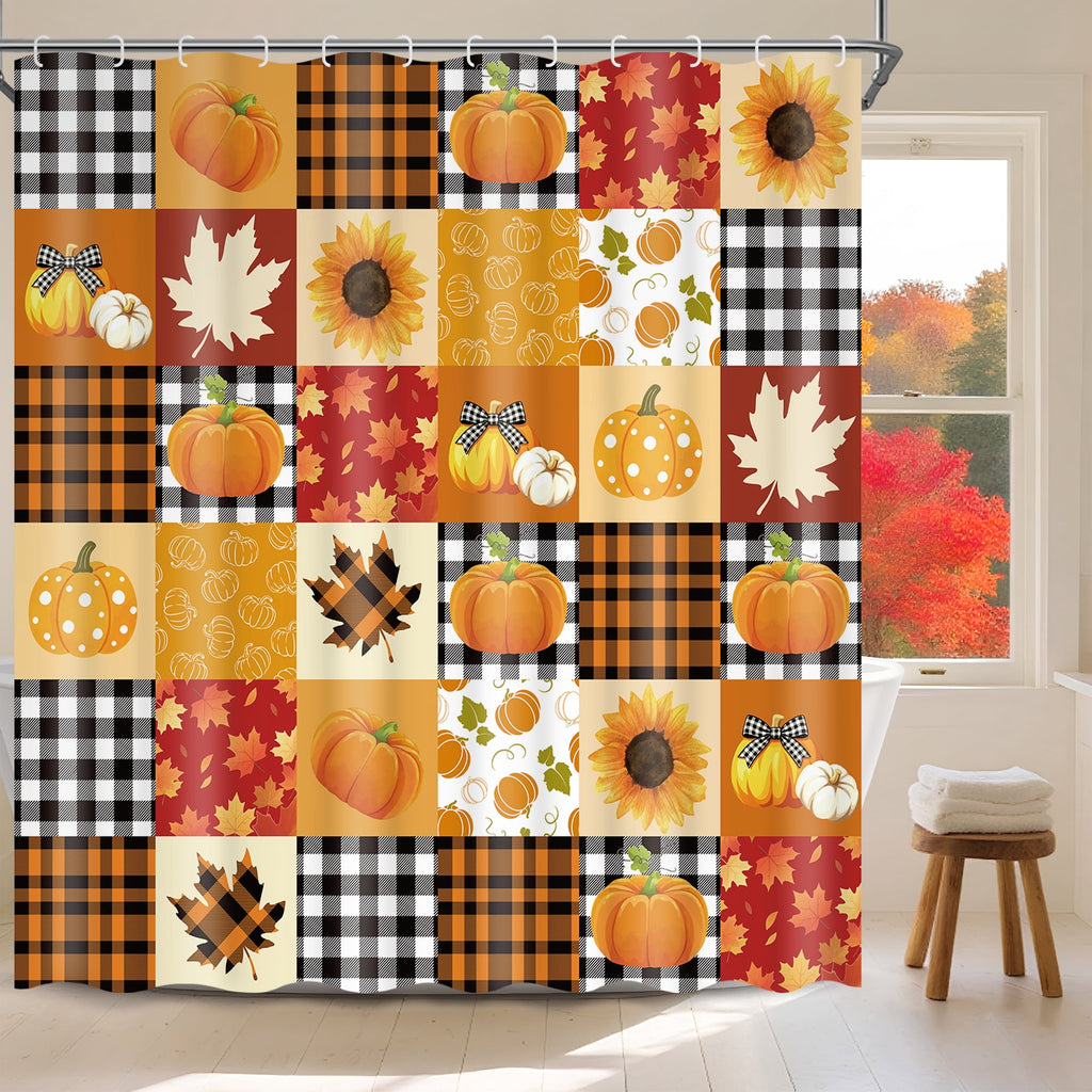 Ikfashoni Fall Shower Curtain with Hooks, Fall Decor for Home, Buffalo Plaid Pumpkin Waterproof Bathroom Curtains, 72"X72"