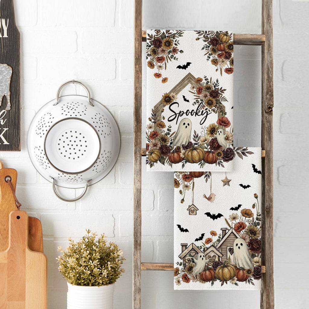Sm:)e Ghost Pumpkins Bats Floral Spooky Halloween Kitchen Towels Dish Towels, 18x26 Inch Jack-O'-Lantern Decoration Hand Towels Set of 2