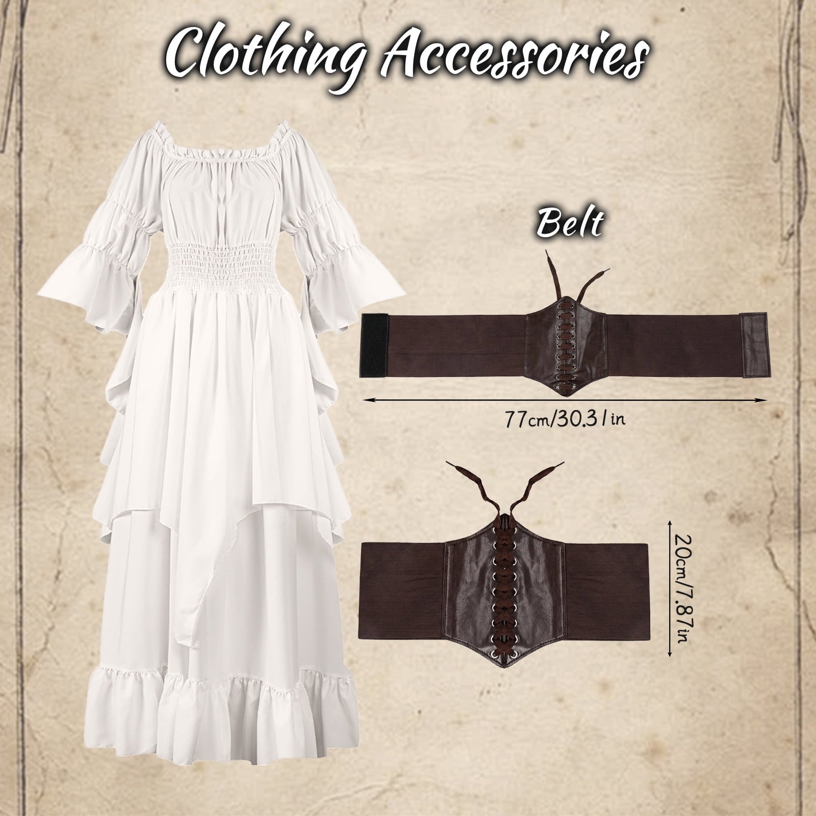 IROOZIGOTO Womens White Medieval Renaissance Maxi Dress Off Shoulder Long Flare Sleeve with Brown Lace Up Corset Belt Halloween Cosplay Costume