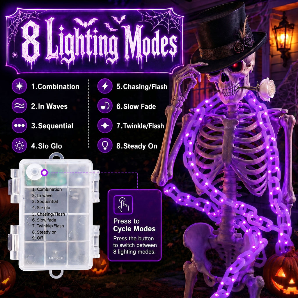 DAYBETTER 10FT Halloween Chain Lights, 8 Modes, Purple Lighted Props Chains, Waterproof for Outdoor Party, Creepy Cosplay, Spooky Ornaments