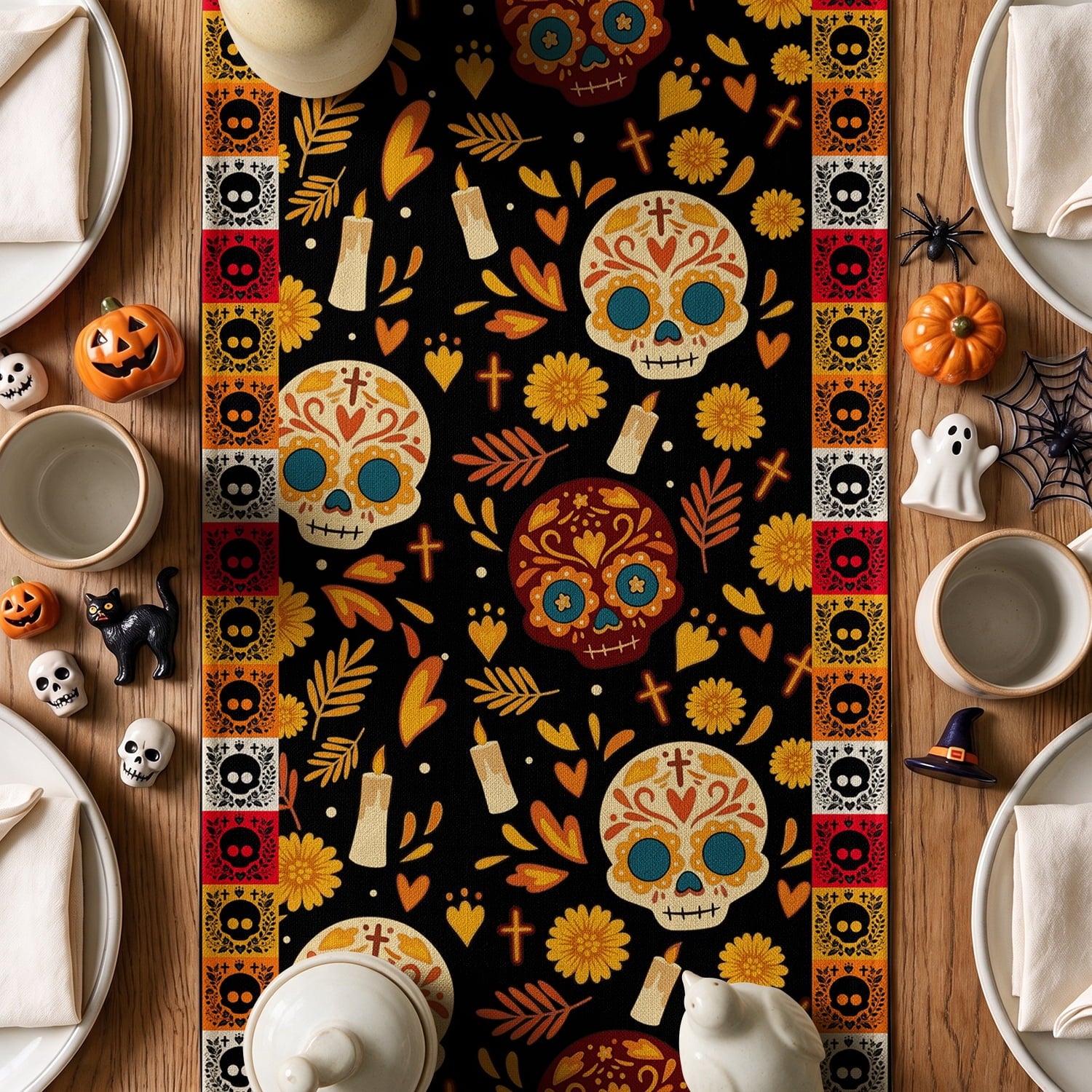 Sm:)e Halloween Table Runner Ghost Pumpkin 13x72 Inch, Halloween Party Kitchen Dining Indoor Outdoor Decorations,Orange