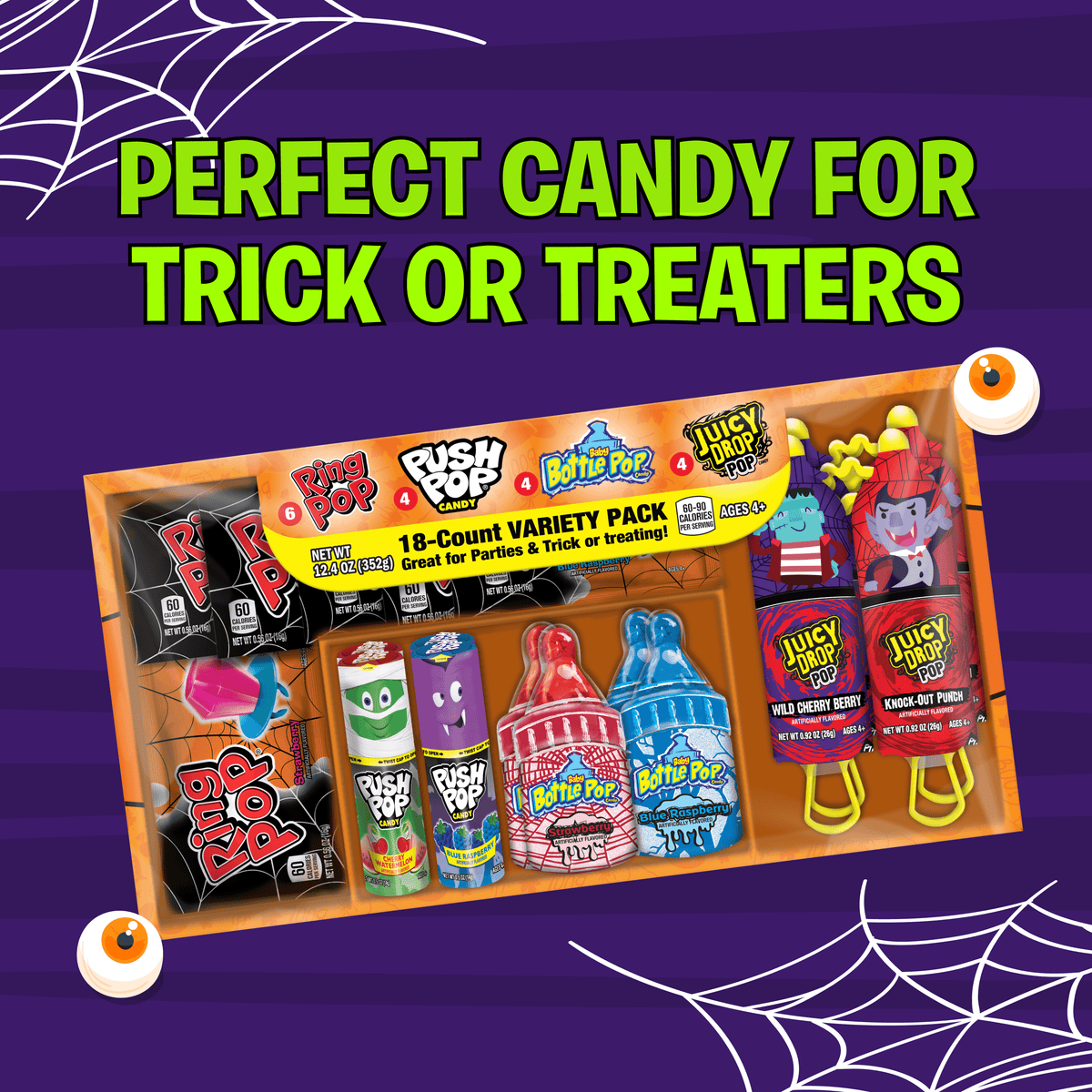 Halloween Ring Pops, Juicy Drop, Baby Bottle, Push, Assorted Flavor Lollipops, Variety Pack, 12.4 oz, 18 Count Box