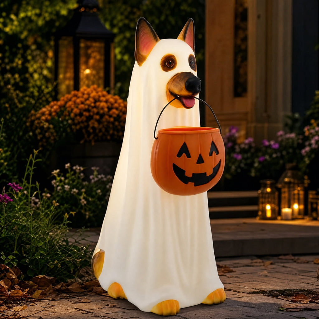 Clearance Halloween Schnauzer Bat Figurine with Ghost Bucket, 8 inch Resin Cute Dog Gifts Tabletop Decor