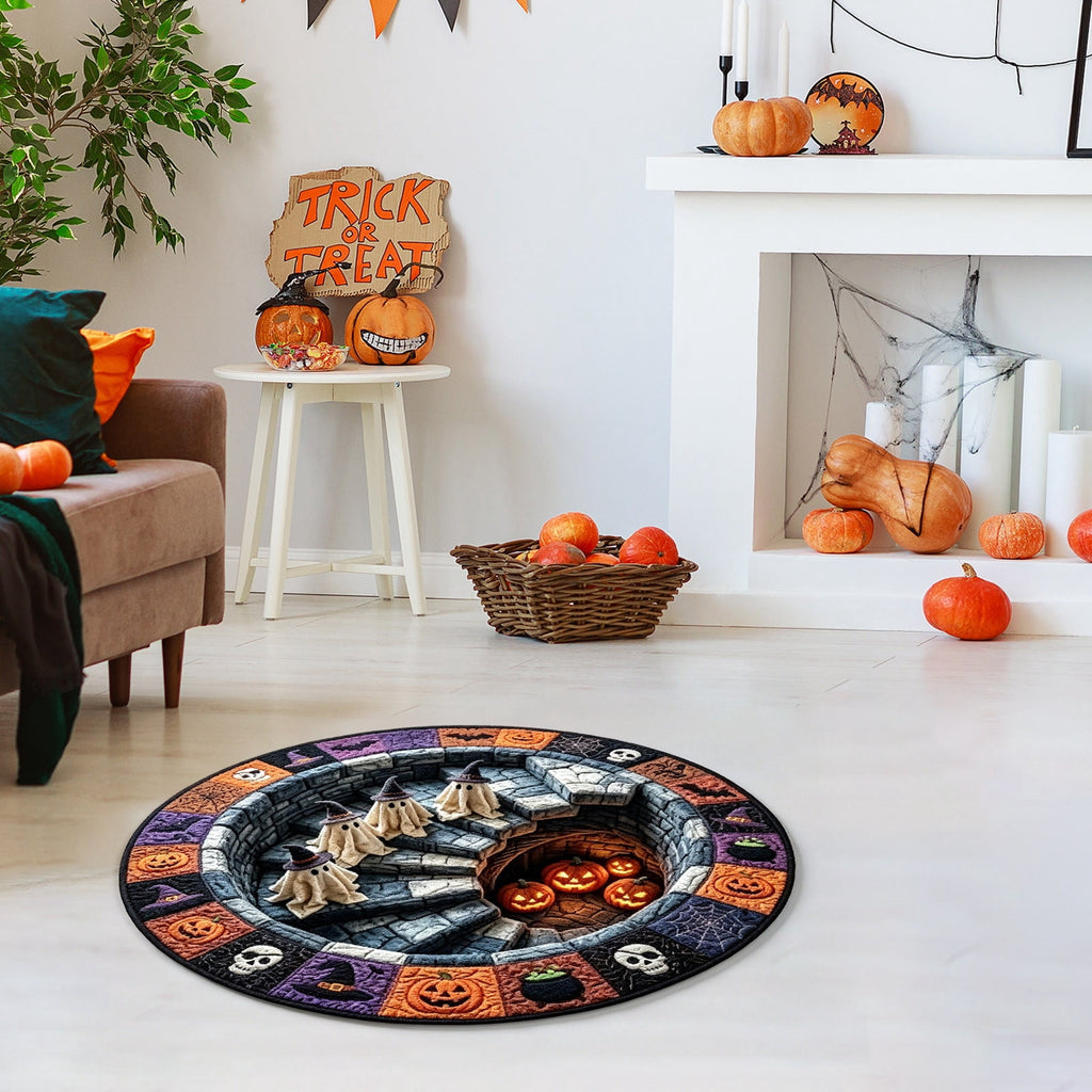 Sulaicai 3D Optical Illusion Halloween Round Rug, Spooky Ghost Pumpkin Print Absorbent Doormat, Non Slip Washable Floor Mat for Indoor Entryway Living Room Halloween Home Decor, 15.7 Inch