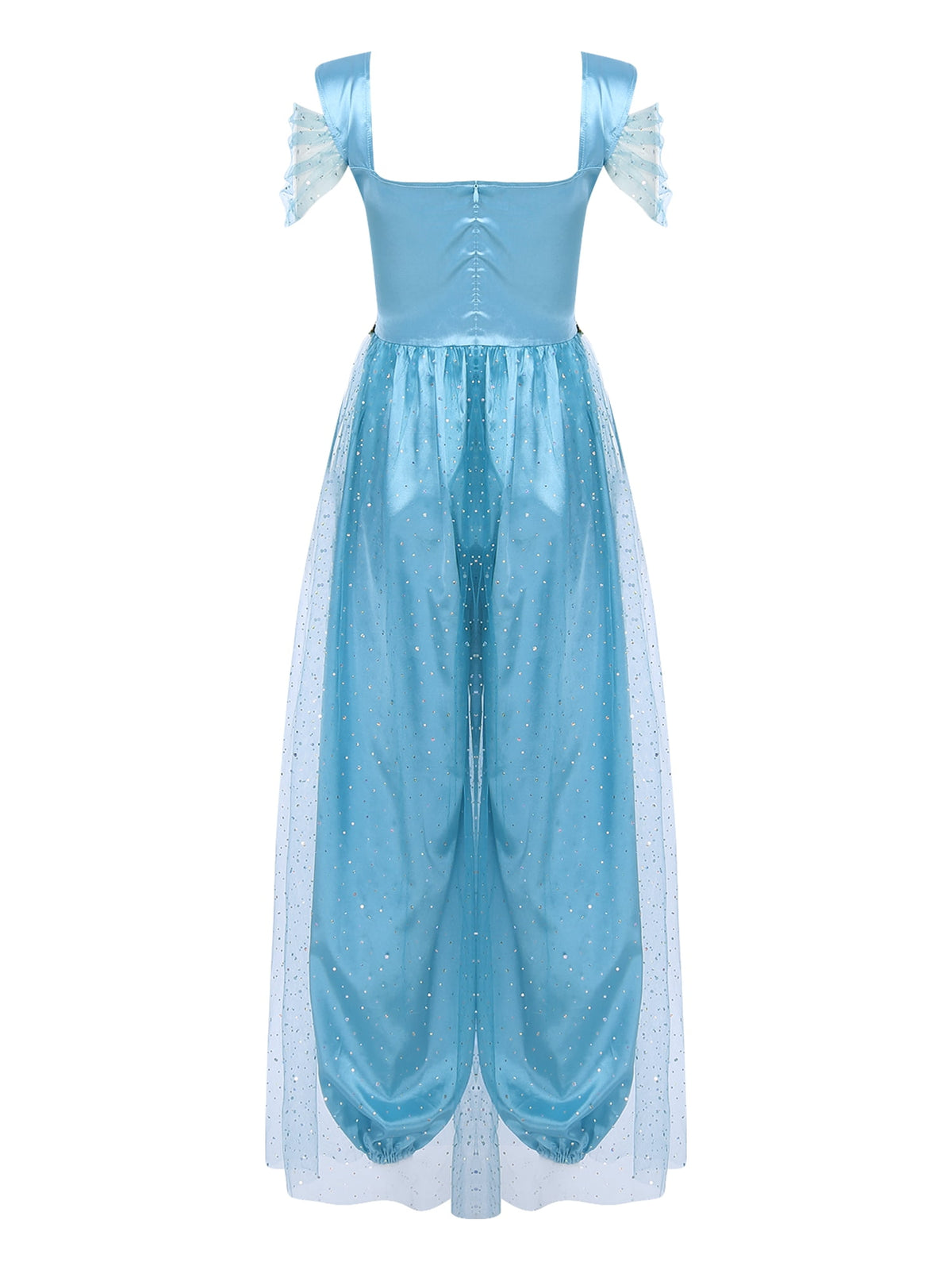 Aislor Women Halloween Arabian Princess Cosplay Costume Sequins Belly Dance Romper Jumpsuit Fancy Dress Lake Blue L