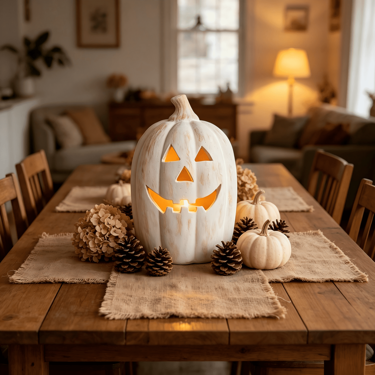 Fall Decor - Halloween Decorations - 5.9"H White Handmade Resin Pumpkin Jack O' Lantern with Flameless Candle - Outdoor Indoor Autumn Decoration for Table Centerpieces Porch Room Front Door
