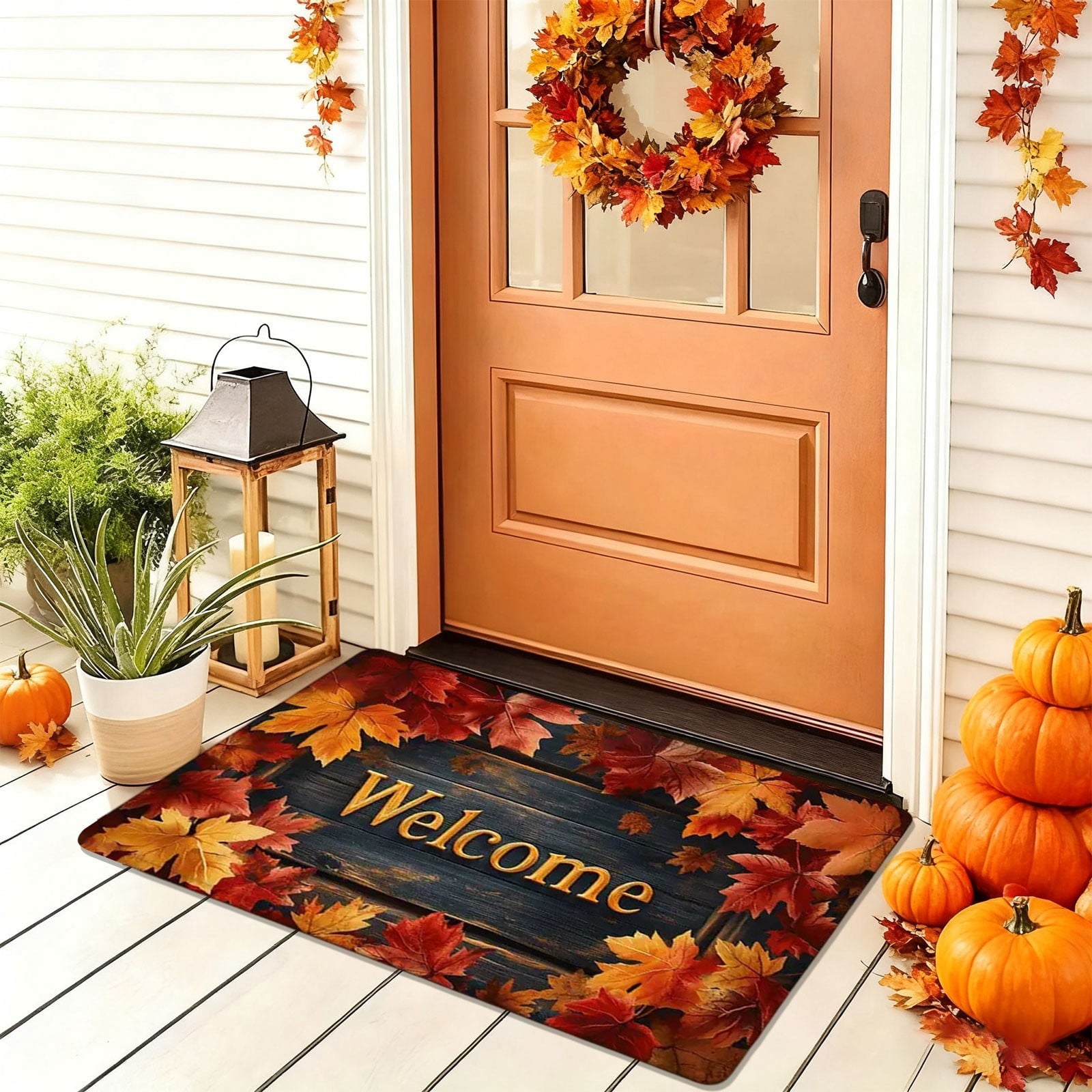 syligr Halloween Thanksgiving Doormat with Maple Leaf & Pumpkin Patterns - Non-Slip Floor Mat for Entryway, Kitchen, Porch, Fall Harvest Decor Rug with Anti-Fatigue Backing, Gift for Thanksgiving