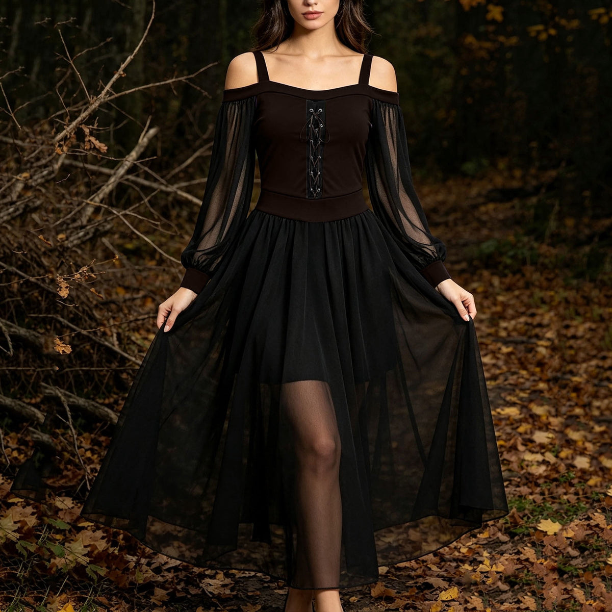 JOANKDMI Women's Gothic Midi Dress Elegant Vampire Costume Cold Shoulder Sheer Long Sleeve Lace-up Corset for Roleplay Halloween Party Outfit Chic, S-3XL