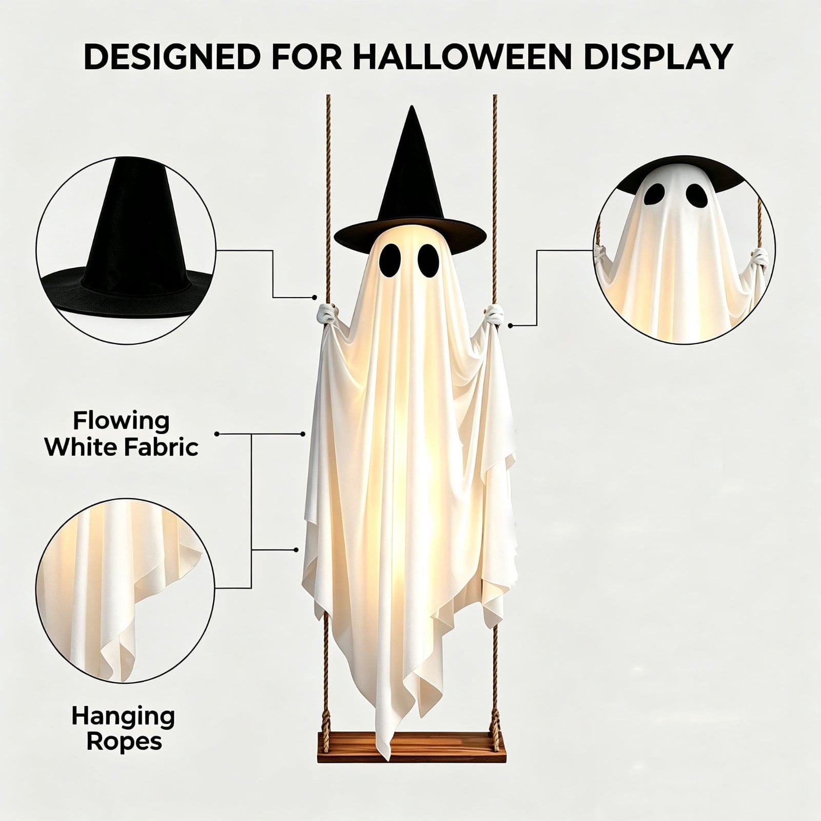 Clearance! Lighted Swing Ghost with Wooden Board, 45" Halloween Decorations Outdoor, Spooky Cute Ghosts Decorations for Front Porch Yard Tree