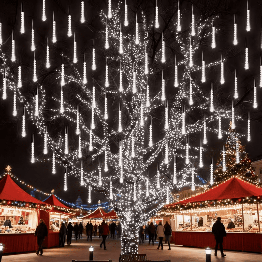 Multicolor Meteor Shower Lamp, Outdoor Solar Powered Icicle Lamp, Snowflake Falling Rain String Lamp, Christmas Tree Lamp, 10 Tubes, 11.8 Inches, 300 Led, Suitable For Halloween, Holiday Parties