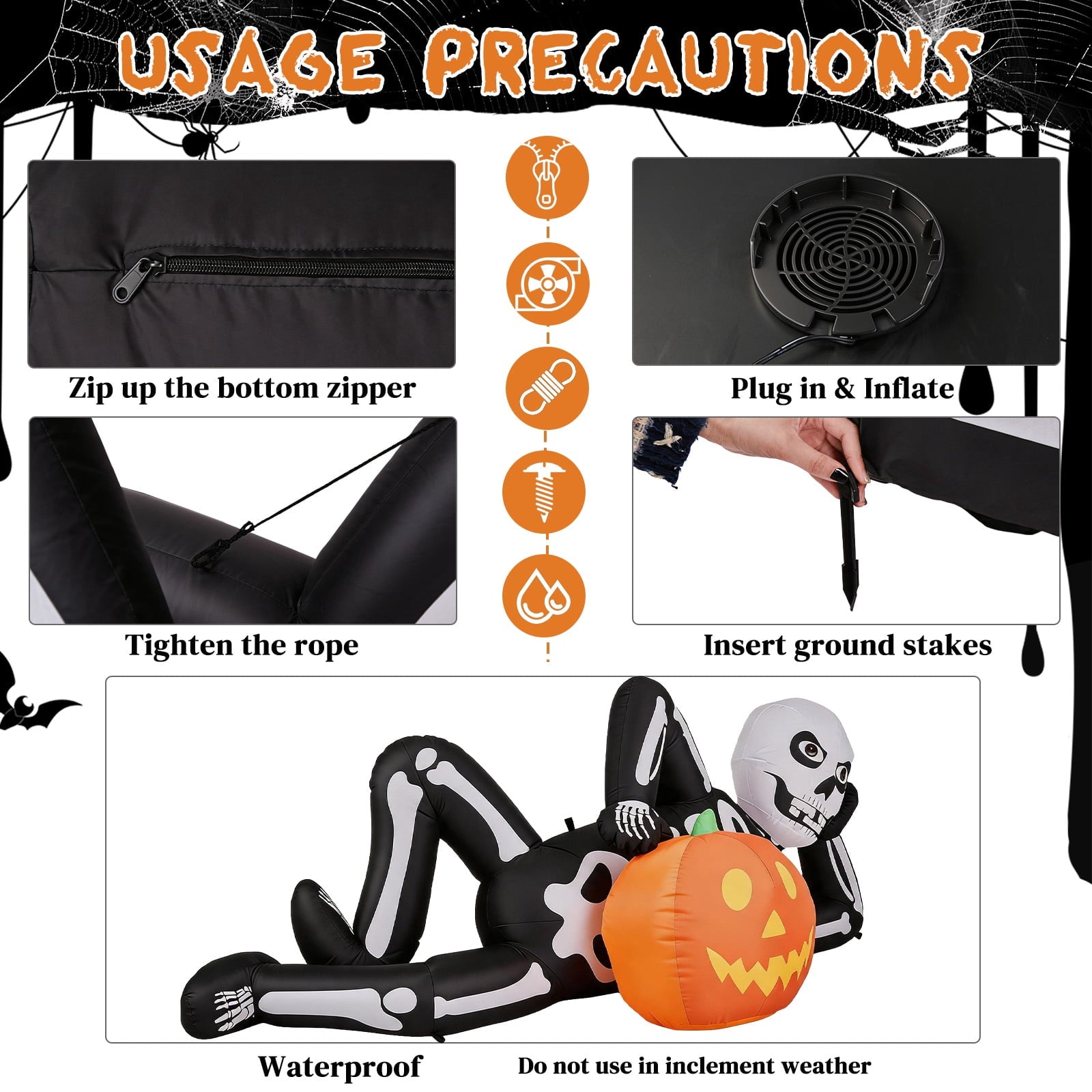7ft Halloween Inflatable Lying Skeleton with 7 LED Lights for Lawn Decor
