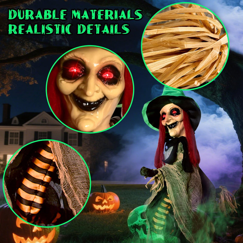 PRESENCE Halloween LED Light-Up Flying Witch on Broomstick, Realistic Sound & Motion, Scary Animated Decoration with Kicking Legs for Yard, Party, Haunted House Green