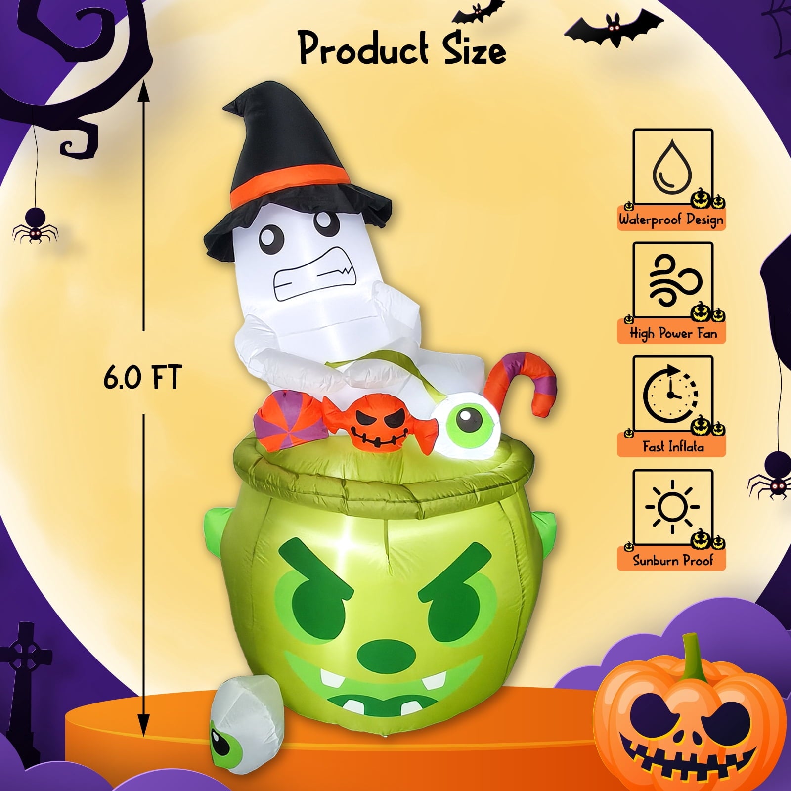 Bmag 6FT Halloween Inflatables Outdoor Decorations, Whimsical Inflatable Ghost Halloween Decor with Built-in 3 LEDs for Yard Garden Lawn Party Holiday Decor