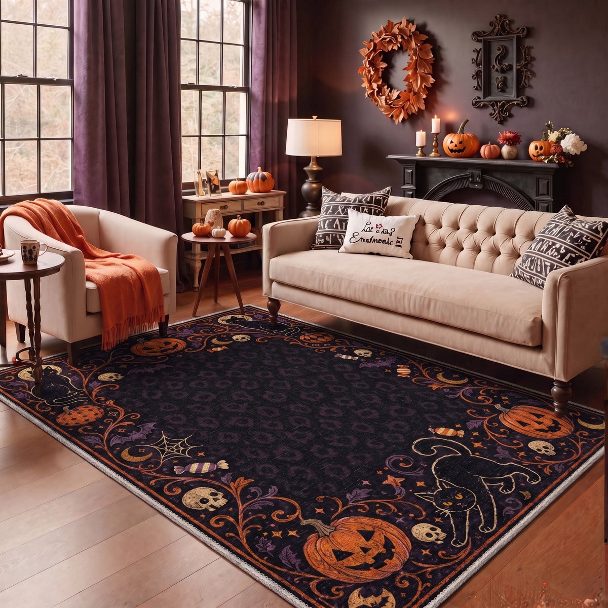 GENIMO 2'x7' Halloween Runner Rug, Washable Non Slip Soft Farmhouse Pumpkin Indoor Outdoor Hallway Runner for Porch Patio Kitchen Entryway, Vintage Sepia