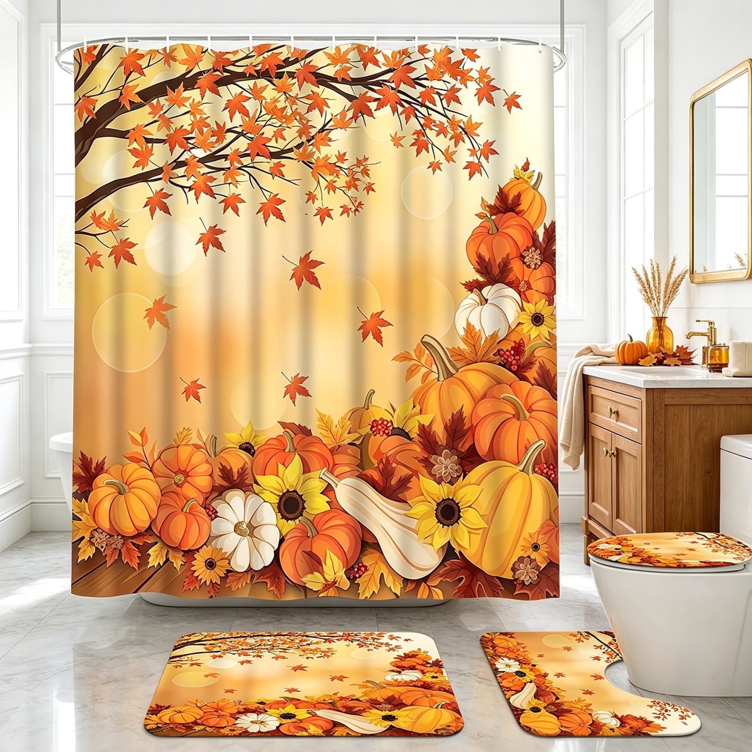 FRAMICS 16-Piece Fall Shower Curtain Sets with Rugs, Maple Leaves Pumpkin Bathroom Sets, Waterproof Fabric Bathroom Curtain Decor with Hooks
