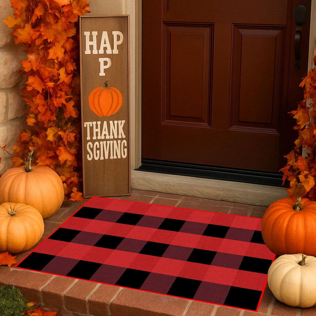 Orange Plaid Fall Outdoor Mat, Hand-Woven Porch Rug for Thanksgiving Halloween Door Decor