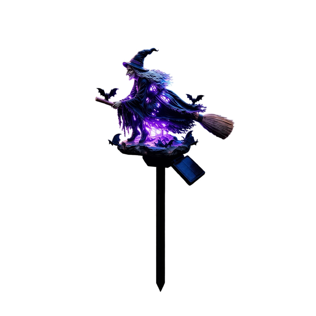 Halloween Witch Cauldron Garden Light, Solar Powered Halloween Projector Outdoor Decoration with Flying Witch and Lighted Cauldron, Witch Light Stake for Lawn Garden Porch Yard Decor, Style D