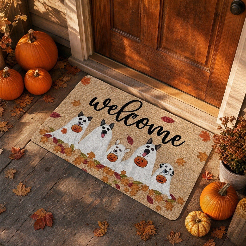 Bklubk Welcome Ghost Dog Pumpkin Maple Leaf Halloween Front Door Mat Fall Season Entryway Decor Rug