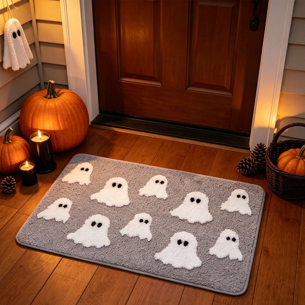 Halloween Doormat Ghost Bath Mat 23.6x15.7in Secure-Grip Absorbent Soft Faux Fur Rug for Bathroom Bedroom Living Room Decor by OVFUIZ