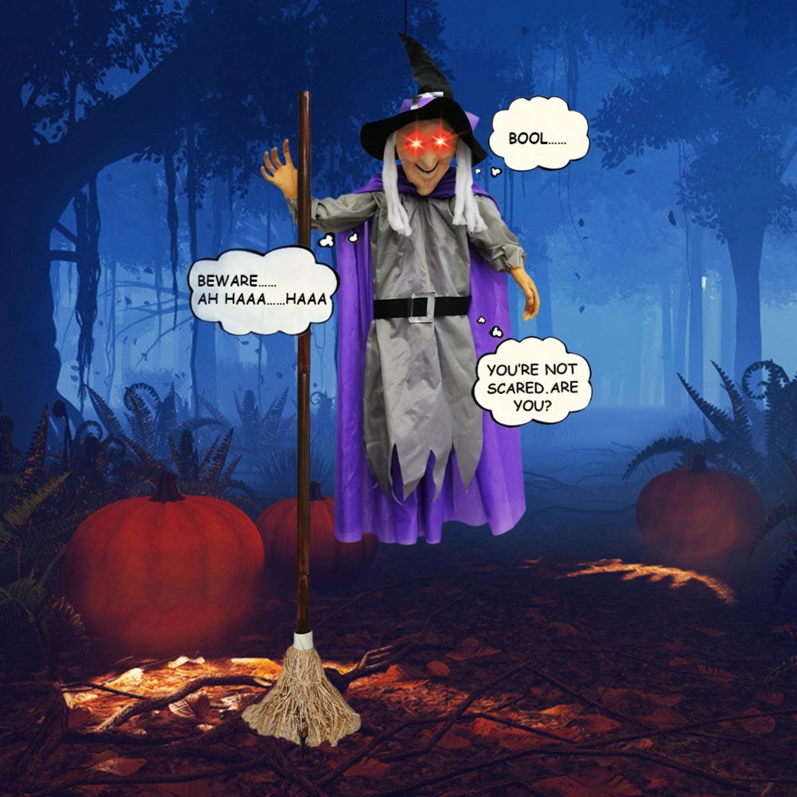 Halloween Flying Witch on Broom Decorations, 6 FT Animated Hovering Witch Animatronics Holding Sweeper Props with Scary Lights, House Decor for Outside Indoor Garden Yard Lawn