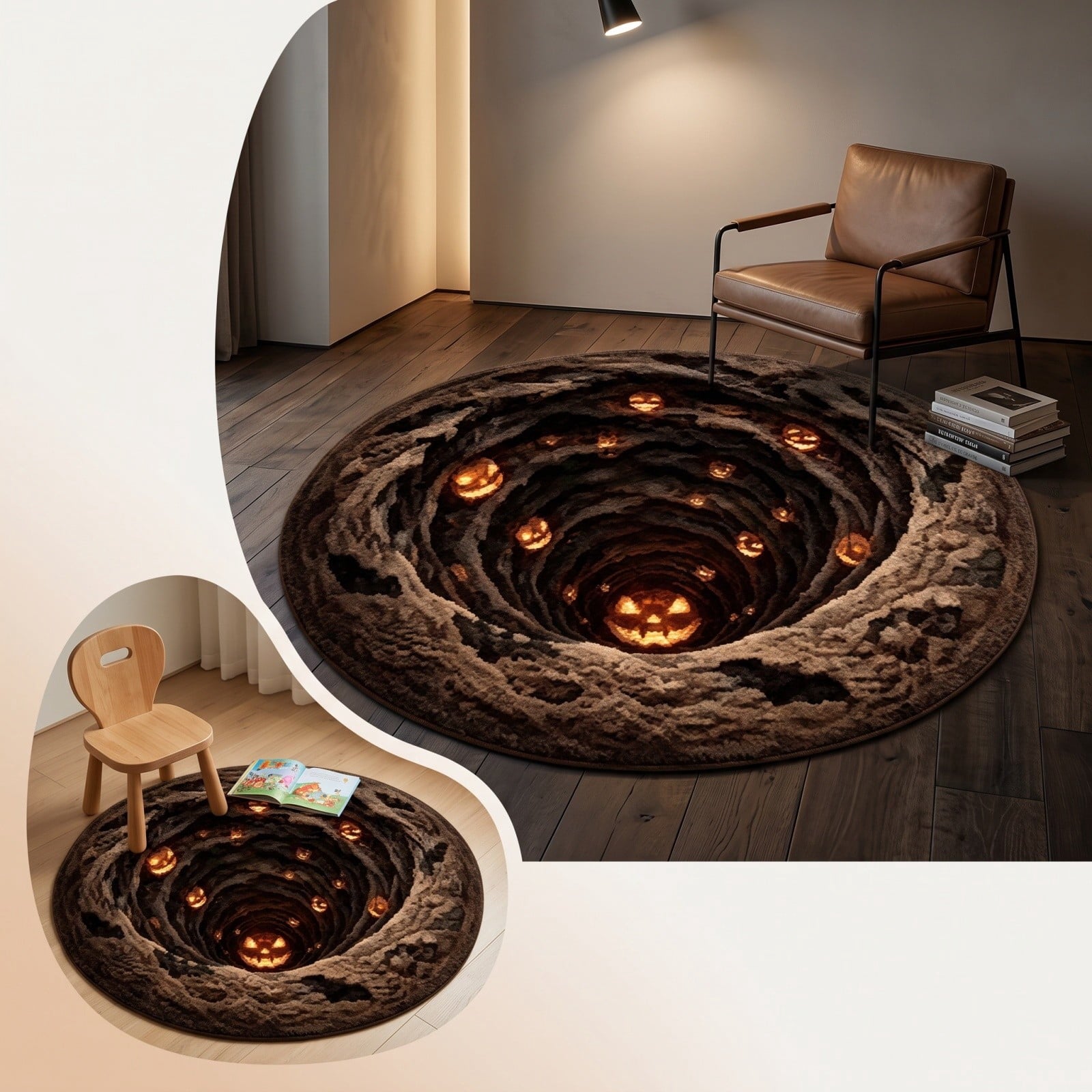 3D Halloween Round Rug, Illusion Halloween Round Mat, Funny Rug with Non-Slip Soft Visual Effect Door Mat for Living Room Indoor Decor