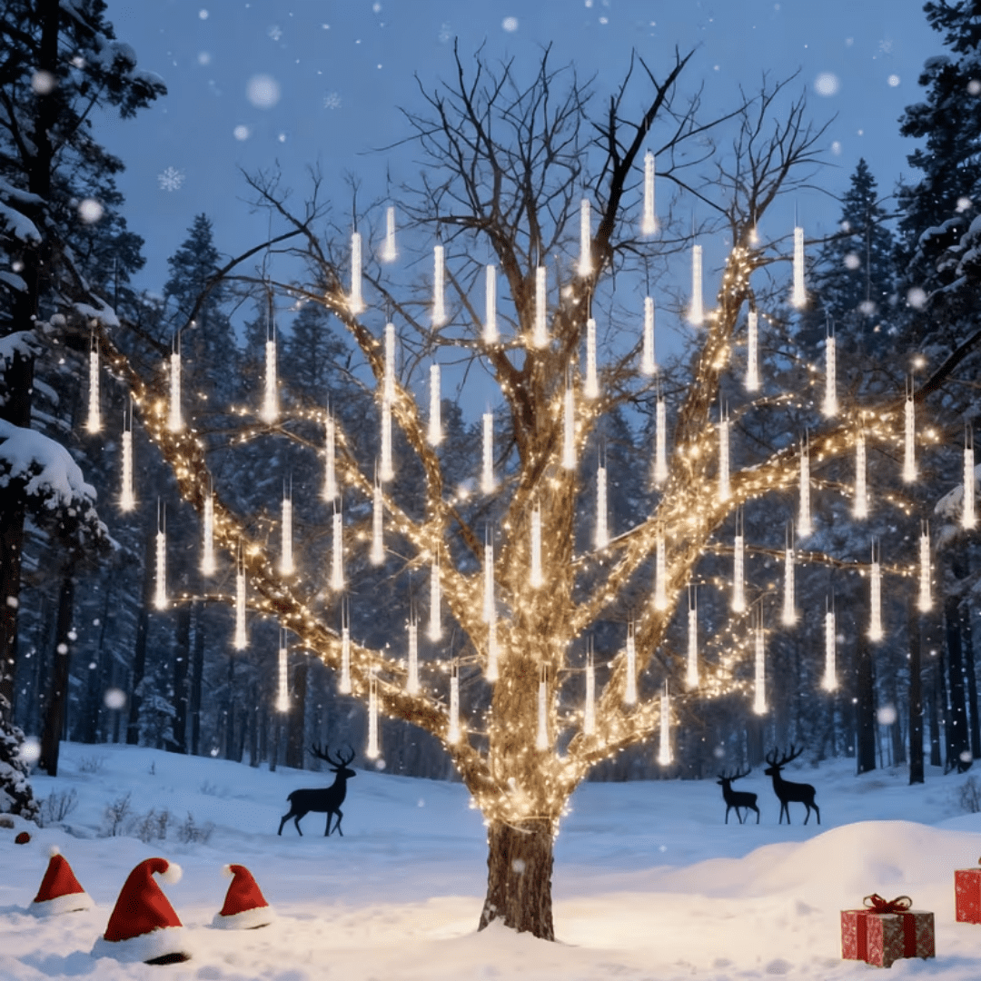 Multicolor Meteor Shower Lamp, Outdoor Solar Powered Icicle Lamp, Snowflake Falling Rain String Lamp, Christmas Tree Lamp, 10 Tubes, 11.8 Inches, 300 Led, Suitable For Halloween, Holiday Parties
