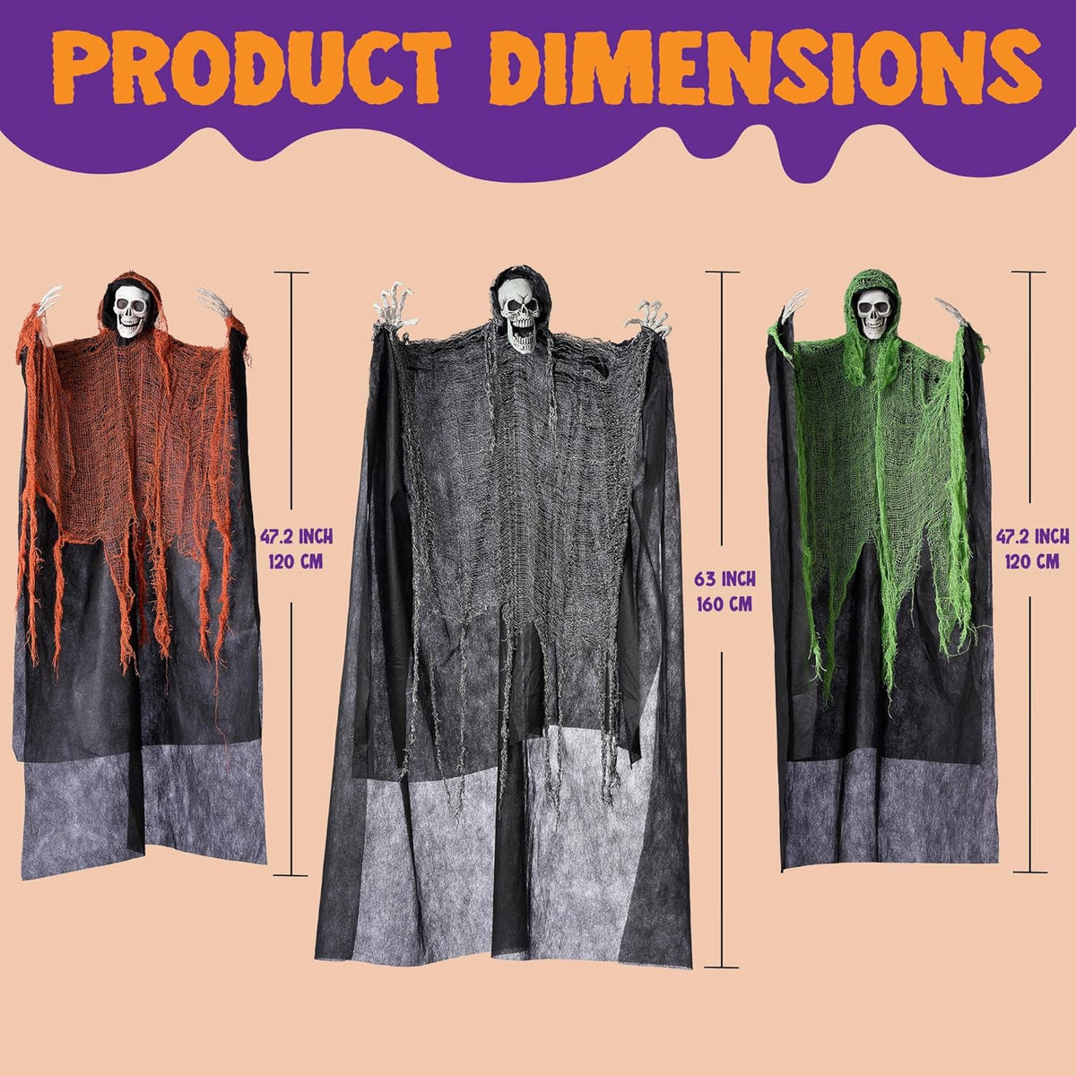 Joyfy 3 Pack Halloween Hanging Ghosts,Scary Skeleton Ghosts Grim Reapers Decorations for Halloween Indoor Outdoor Yard Home Decorations