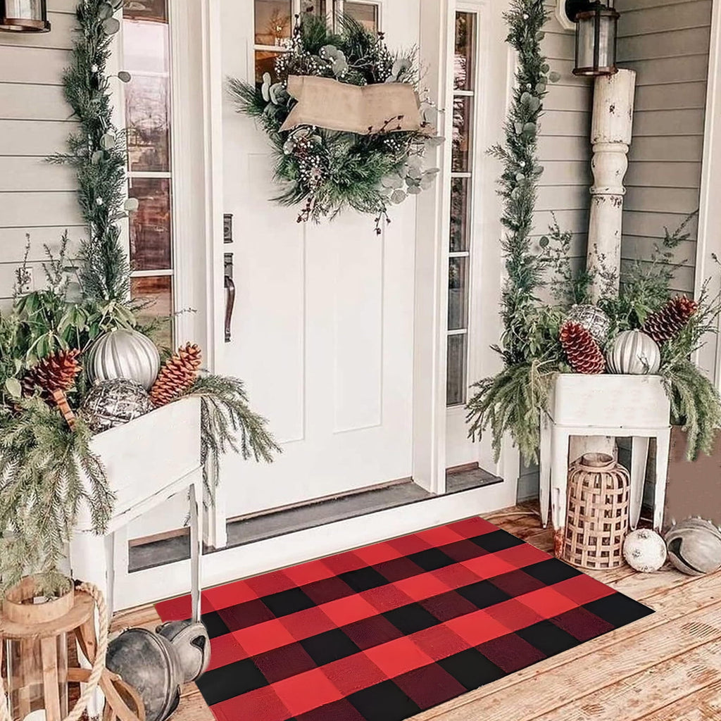 Xuniizn Fall Door Mat, Buffalo Plaid Fall Outdoor Rug Black & White Striepd Rug Front Door Mat Halloween Thanksgiving Fall Autumn Home Decor,Welcome Doormat for Front Door,Farmhouse Decor, 24 x 16"