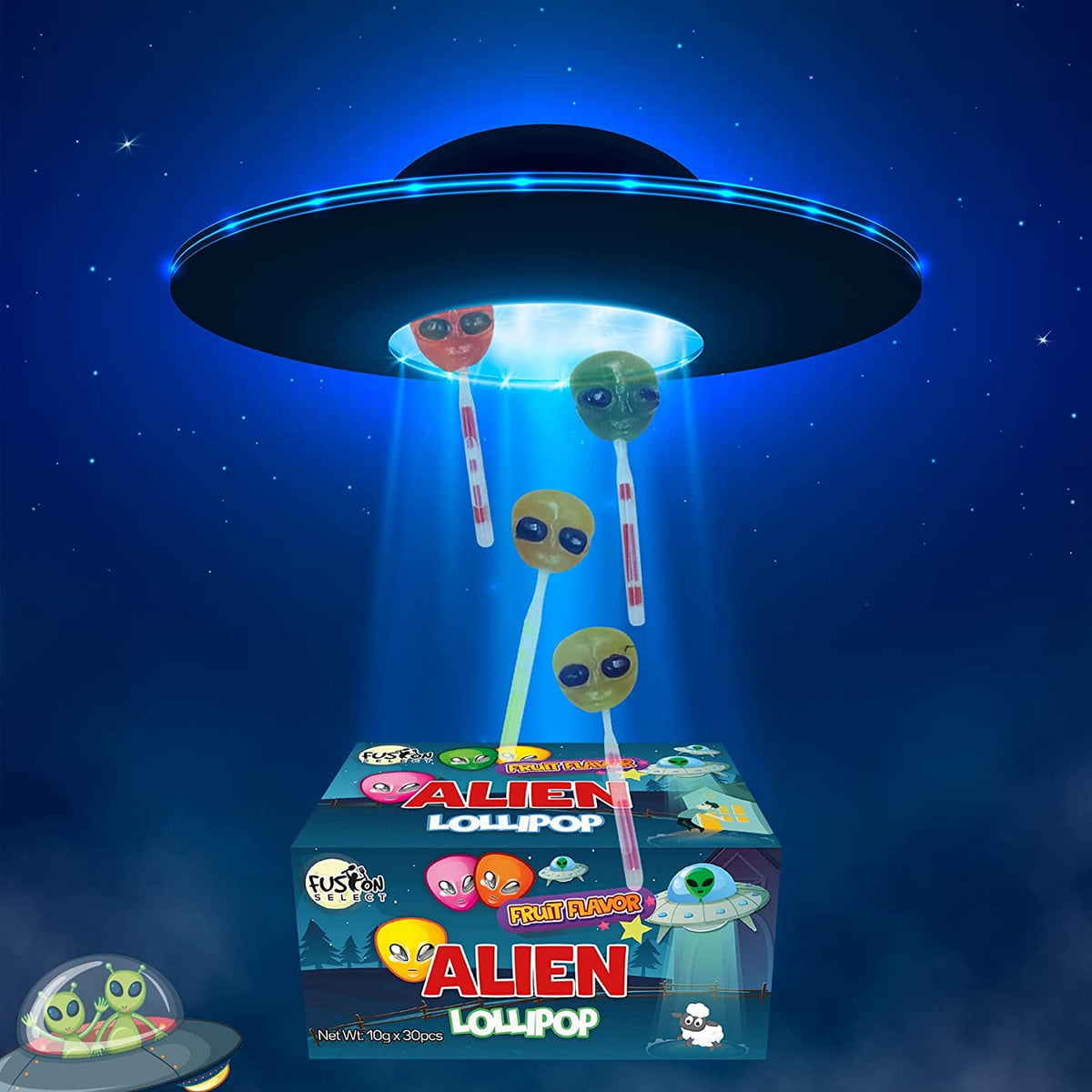 Fusion Select 30 Alien Halloween Lollipops - Trick or Treat Candies for Kids - Extraterrestrial Themed Halloween Candy Lollipops For Space Themed Events, Birthday Parties - Individually Wrapped Treats