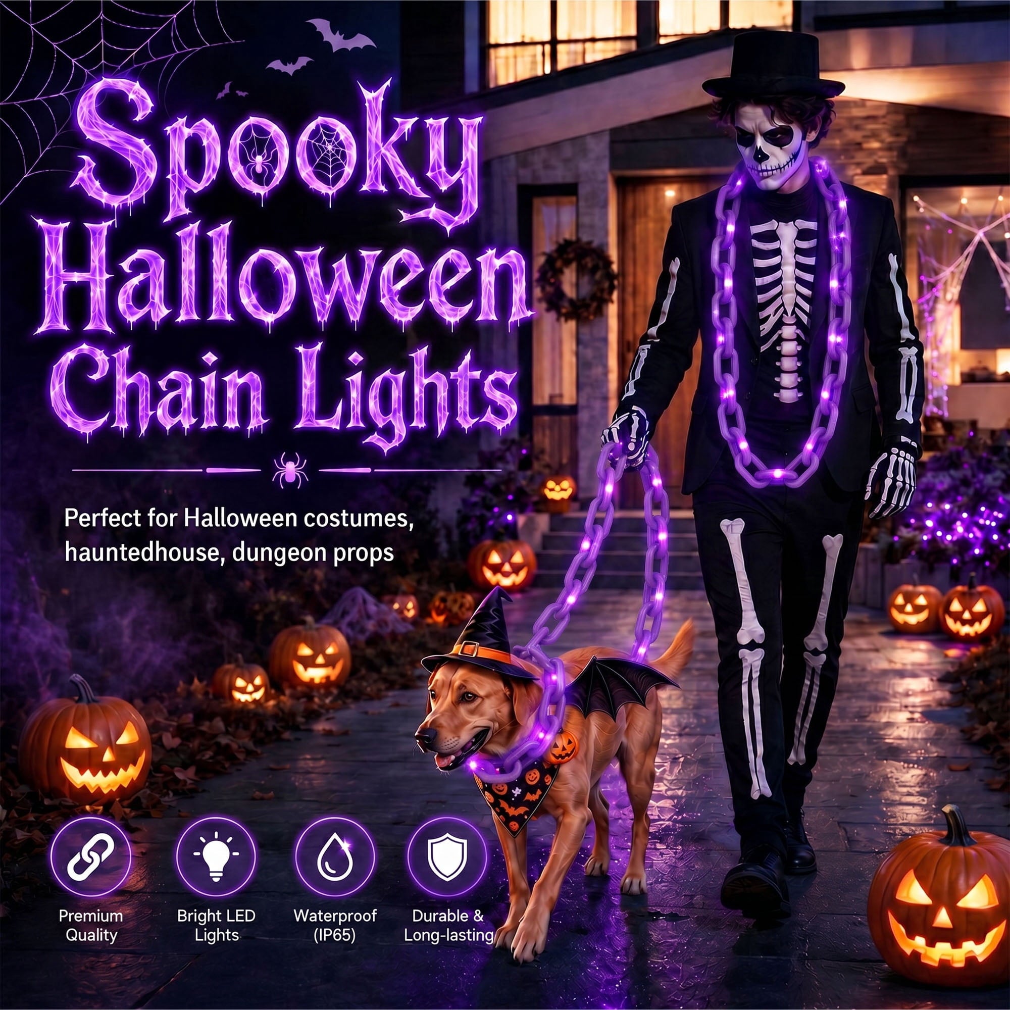 VOLIVO Halloween Chain Lights, 10FT 8 Modes Waterproof Battery Operated Halloween Decorations for Outdoor Party, Cosplay, Spooky (Purple)