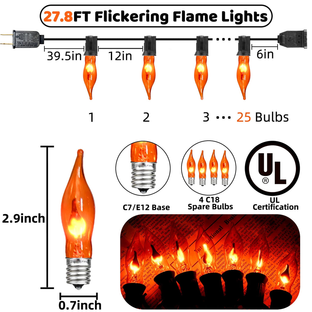 Halloween Lights Flickering Flame String Lights with 12 Pack C7 Orange Flame Light Bulbs (2 Spare), 12.8Ft Orange Flame String Lights for Indoor Outdoor Home Party Yard Halloween Decorations