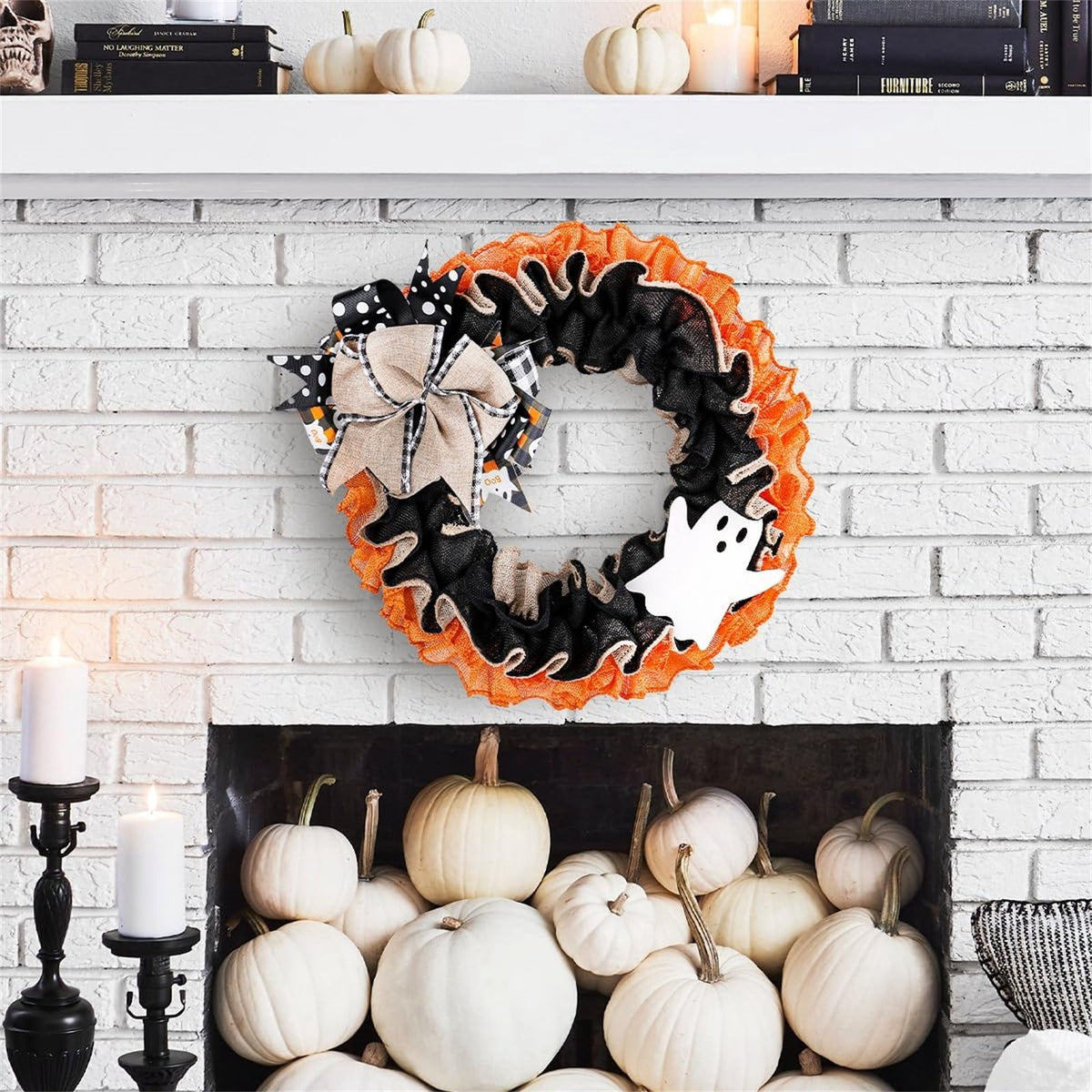 15" Halloween Boo Ghost Wreath for Front Door - Farmhouse Burlap Wreath with Bows, Indoor/Outdoor Decor for Home, Window & Party, Trick or Treat Welcome Sign