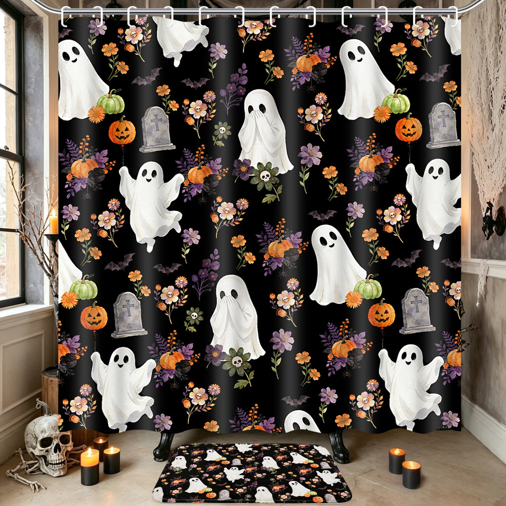 FRAMICS Halloween Shower Curtain Sets with Rugs, 16 Pc Pumpkin Spooky Ghost Bathroom Sets, Black Waterproof Fabric Shower Curtain with 12 Hooks and Toilet Rugs