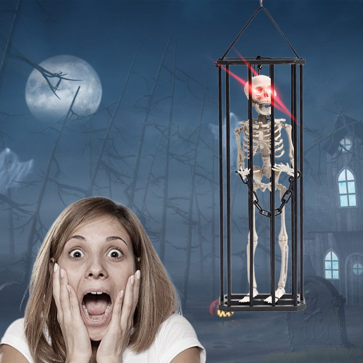 Konghyp Halloween Hanging Decoration Cage Ghost, Motion Activated Skeleton Prisoner, Creepy Party Prop for Haunted House, Animated Scare Device, Unique Halloween Decor