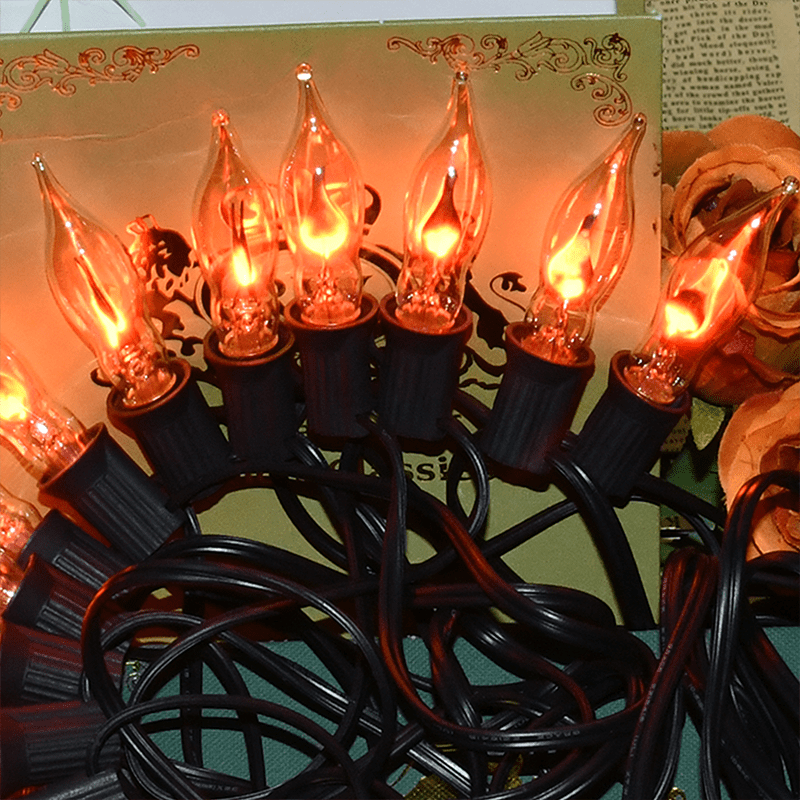 12.8Ft Christmas Lights Flickering Flame String Lights with 12 Pack Clear C7 Flame Light Bulbs（2 Spare）, Great for Indoor Outdoor Home Patio Party Christmas Decorations Lights, 1W, E12 Base