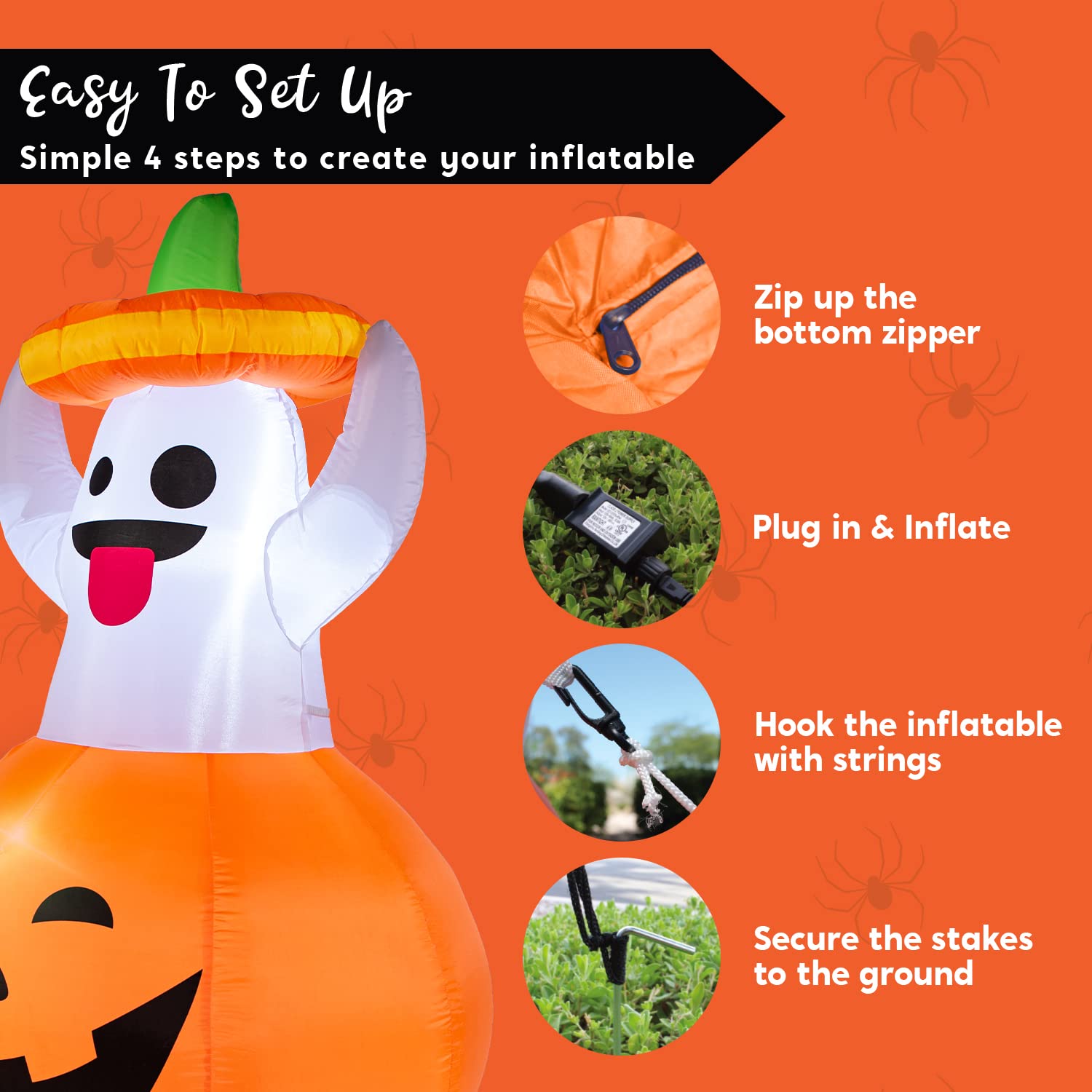 Joyfy 5ft Halloween Inflatables Light up Cute Ghost,Blow Up Ghost Lift Pumpkin Candy Bag with Build-in LEDs for Yard Decorations
