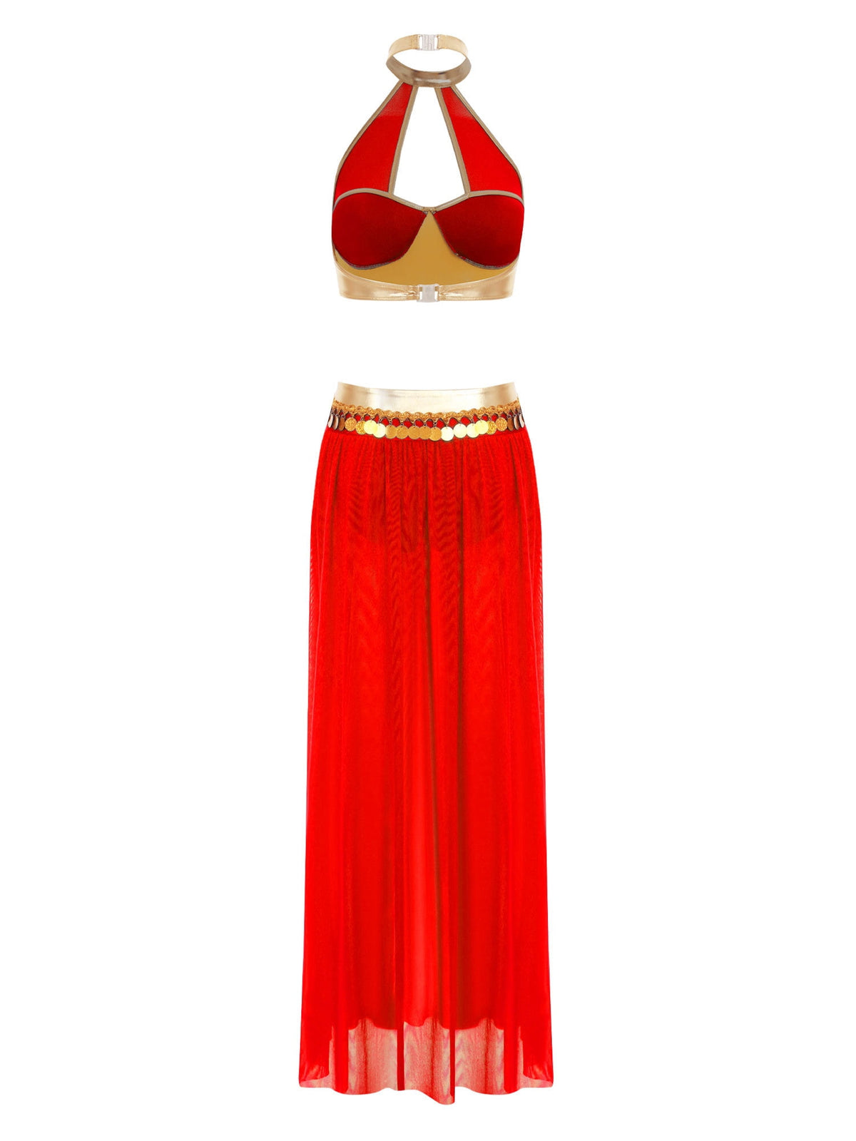 YiZYiF Women's Belly Dance Costume Halter Crop Top with Sequin Tassel Split Mesh Long Skirt 2Pcs Set Red A S