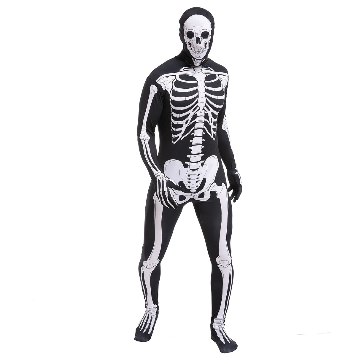 Joyfy Skeleton Costume for Adults, Skeleton Bone Bodysuit Halloween Costumes for Men with Skeleton Hood Mask, Halloween Party Fancy Dress-up
