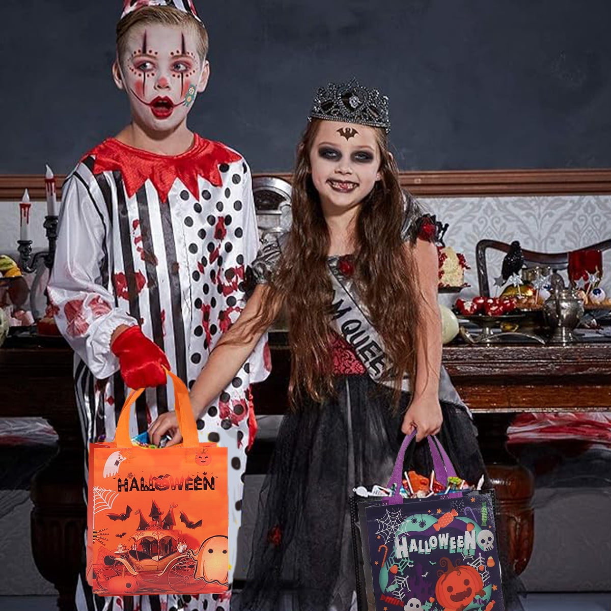 12 Packs Halloween Trick or Treat Bags, Reusable Non-Woven Gift Tote With Handles, Goodie Bags for Party Supplies, 9.06*8.66*4.33