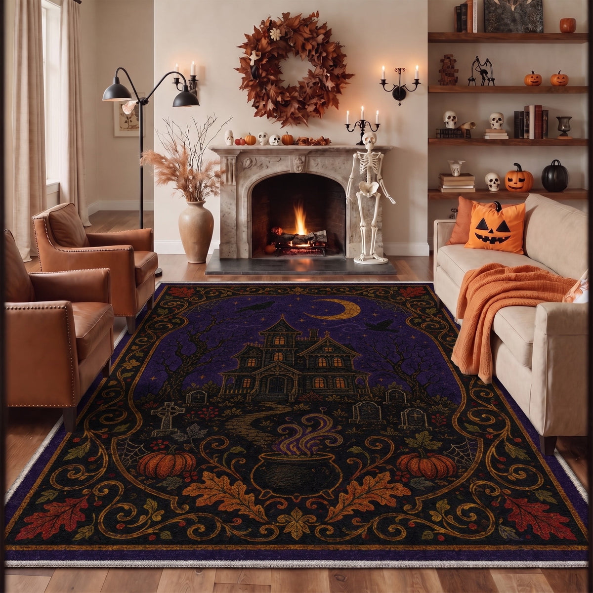 GENIMO 2'x3' Halloween Doormat, Washable Non Slip Soft Vintage Witch Outdoor Door Mat for Front Door Covered Porch Patio Entryway, Burnt Amber