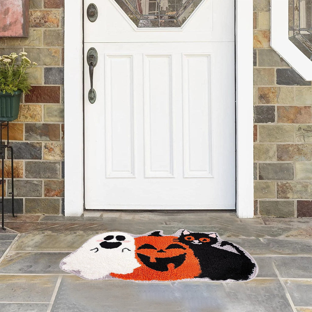 Orange Plaid Fall Outdoor Mat, Hand-Woven Porch Rug for Thanksgiving Halloween Door Decor