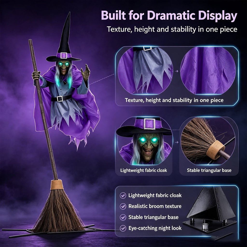 Halloween Flying Witch on Broom Decorations, 6 FT Animated Hovering Witch Animatronics Holding Sweeper Props with Scary Lights, House Decor for Outside Indoor Garden Yard Lawn