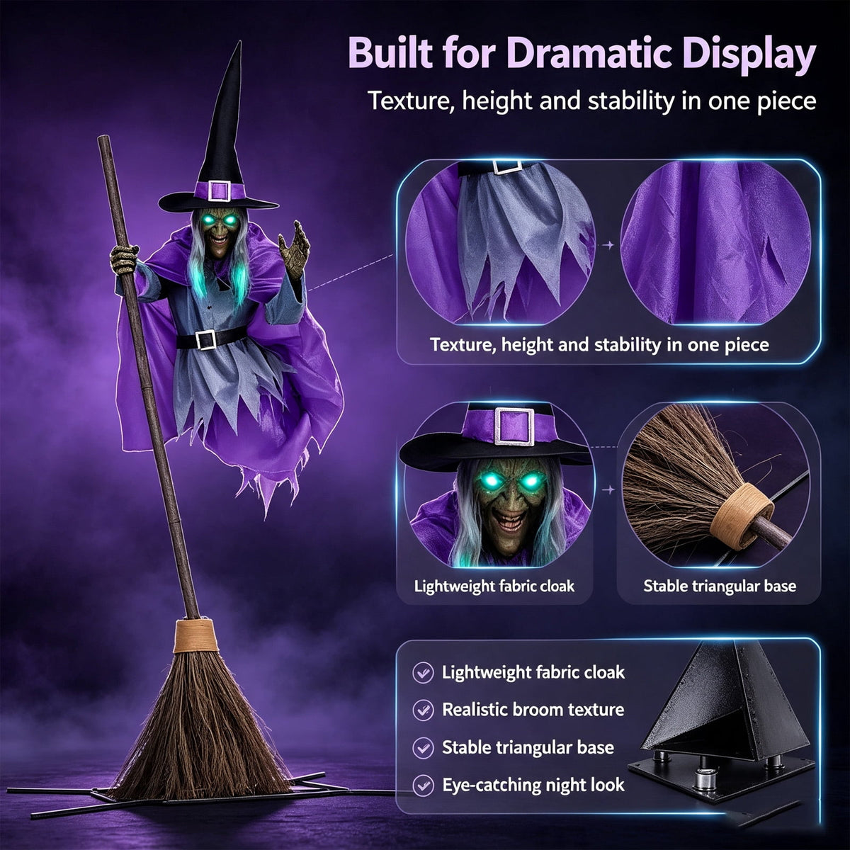 Halloween Flying Witch on Broom Decorations, 6 FT Animated Hovering Witch Animatronics Holding Sweeper Props with Scary Lights, House Decor for Outside Indoor Garden Yard Lawn