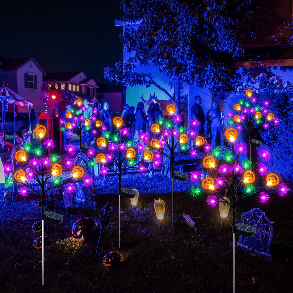 Qoosea 2 packs 40 LED Solar Halloween Lights, 2 Modes Halloween Bats Spiders Pumpkin Lights for Outdoor Decorations, Waterproof Stakes for Garden Yard Pathway Walkway