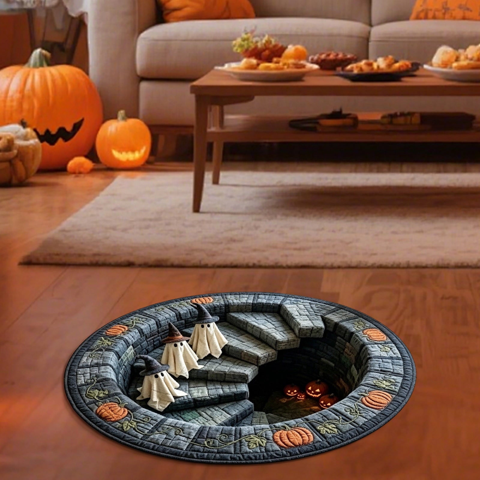 3D Halloween Rug,Halloween Quilted Round Rug 3D Illusion,Soft & Durable Fabric Non-Slip Modern Home Decor,15.7in