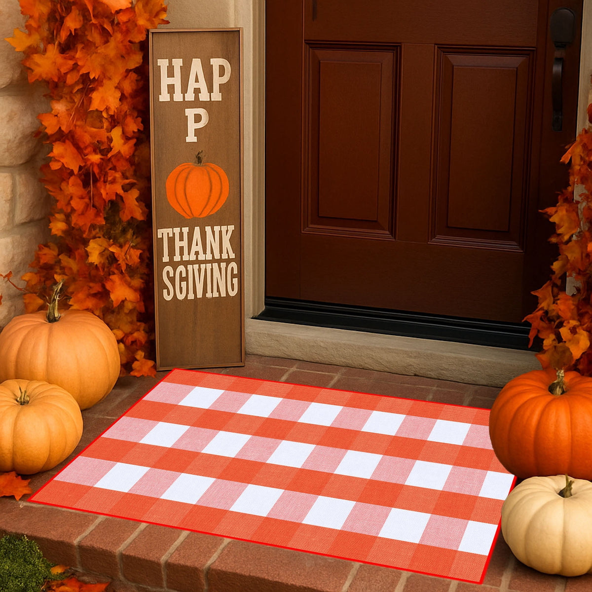 Halloween Fall Outdoor Rug Plaid Rug Foldable Floor Mat for Thanksgiving Front Door Front Porch Farmhouse Entryway Patio Decoration