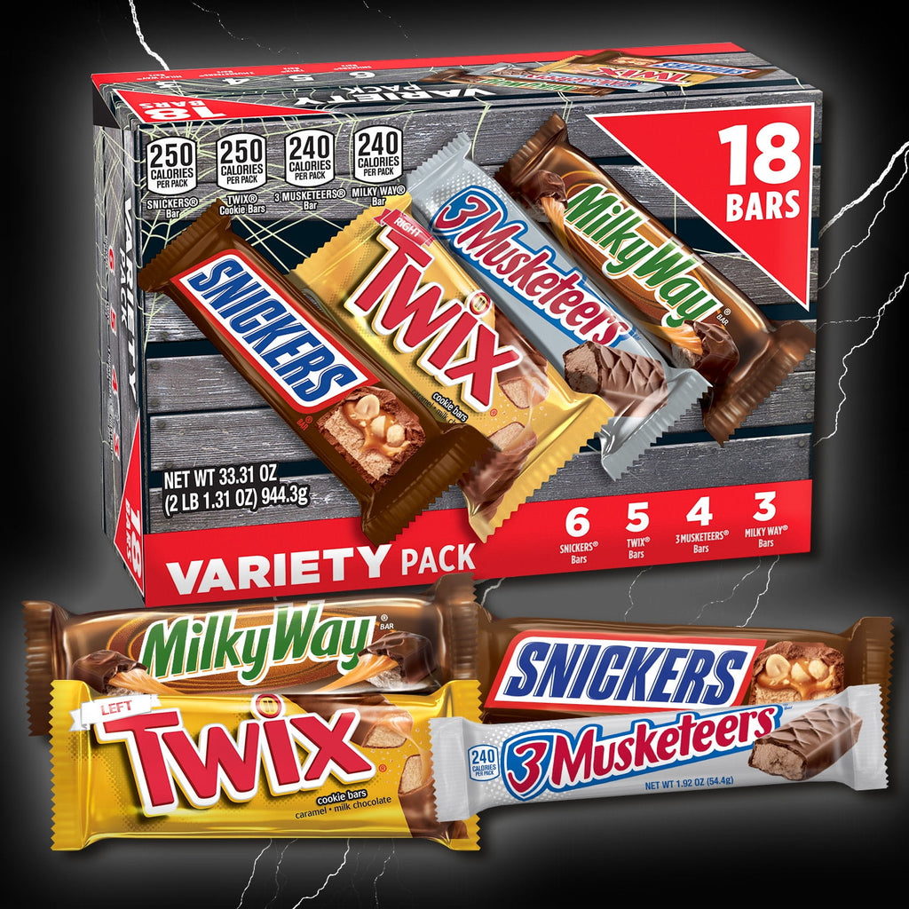 Snickers, Twix, Milky Way & 3 Musketeers Variety Pack Halloween Milk Chocolate Candy Bars -18 Count Box