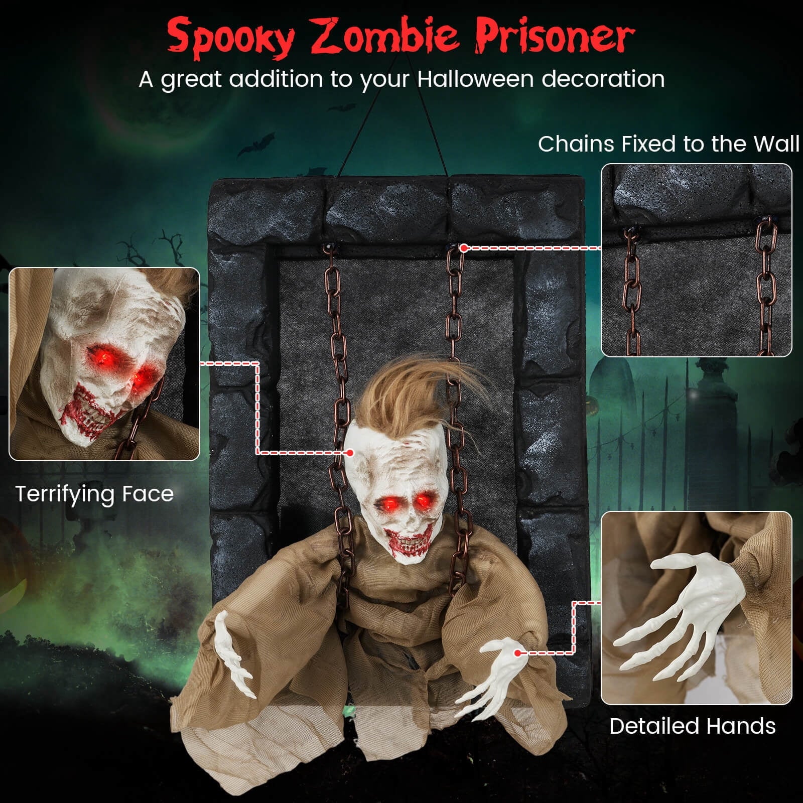 Costway Halloween Hanging Animated Zombie Prisoner Decoration Glowing Eye Indoor Outdoor