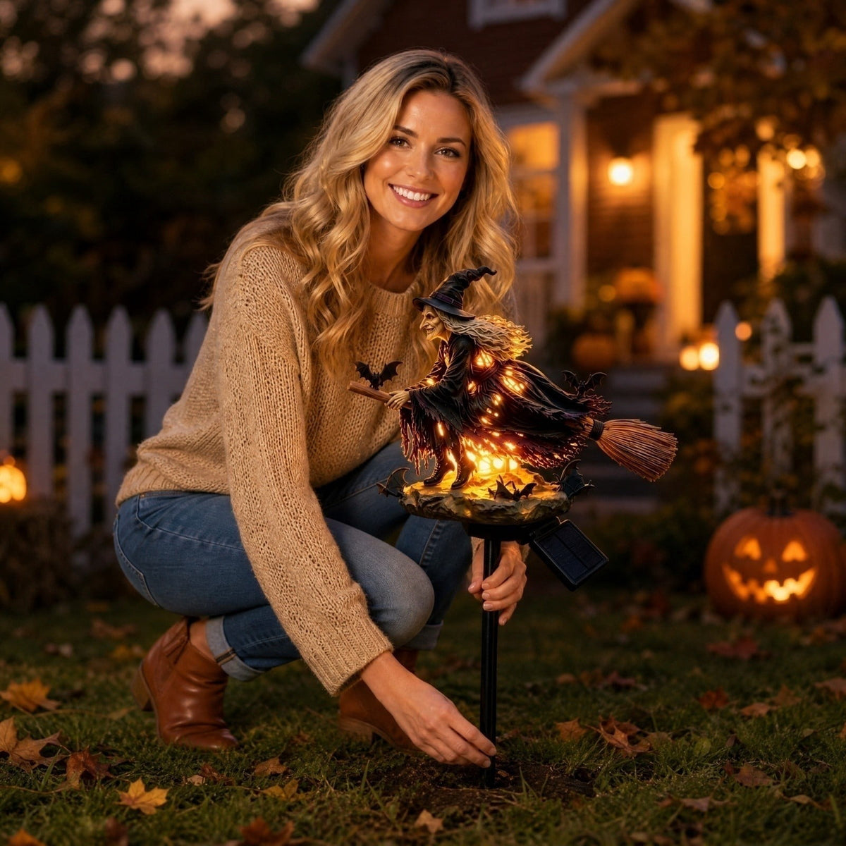 Halloween Witch Cauldron Garden Light, 3D Witch Cauldron LED Projector Outdoor Decor, Solar Powered Garden Stake Light with Halloween Shadow Projection Effect